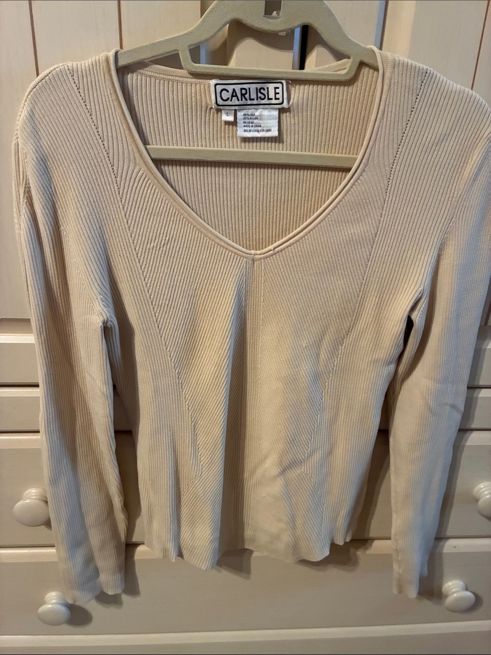 Carlisle Beige Ribbed V-Neck Long Sleeve Top
